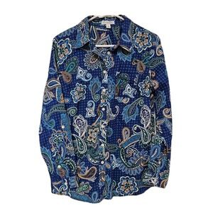 Kim Rogers Womens Button Down Paisley Blue Soft 100% Cotton Size Small EUC